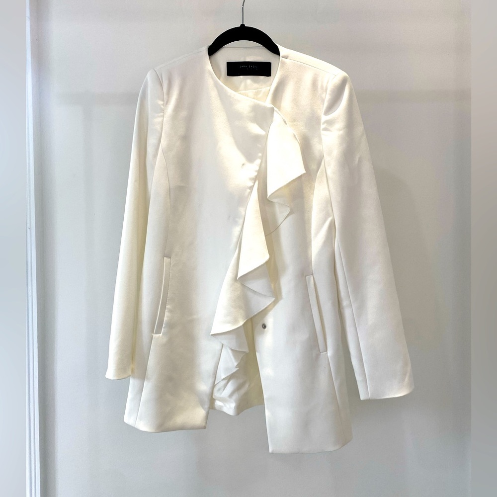 Zara Crossover Frock Coat in White - Frill Ruffle